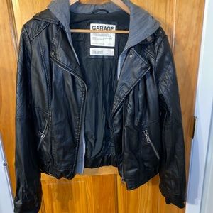 Black leather jacket with gray hood